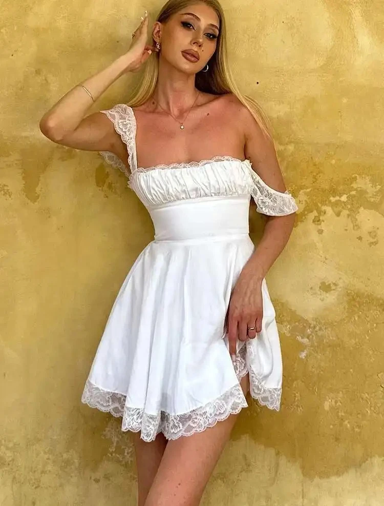 화이트 레이스 러플 백리스 섹시 드레스 여성 밴디지 플리츠 미니 여름 드레스 우아한 공주 캐주얼 드레스 베스티도스