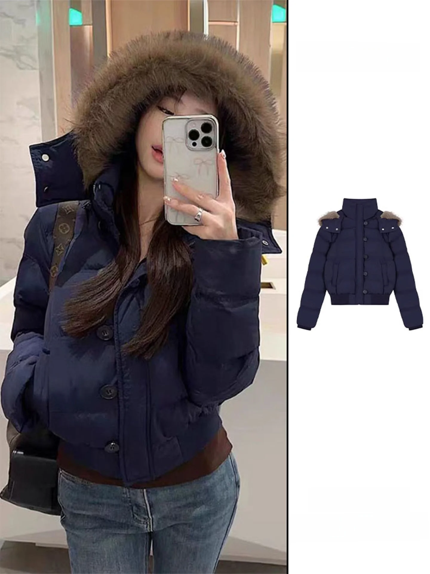 

Женское стеганое хлопковое пальто с капюшоном Thiened, пуховое пальто с меховым воротником, верхняя одежда с хлебом, зима 2025 Faion, свободная посадка в стиле ретро