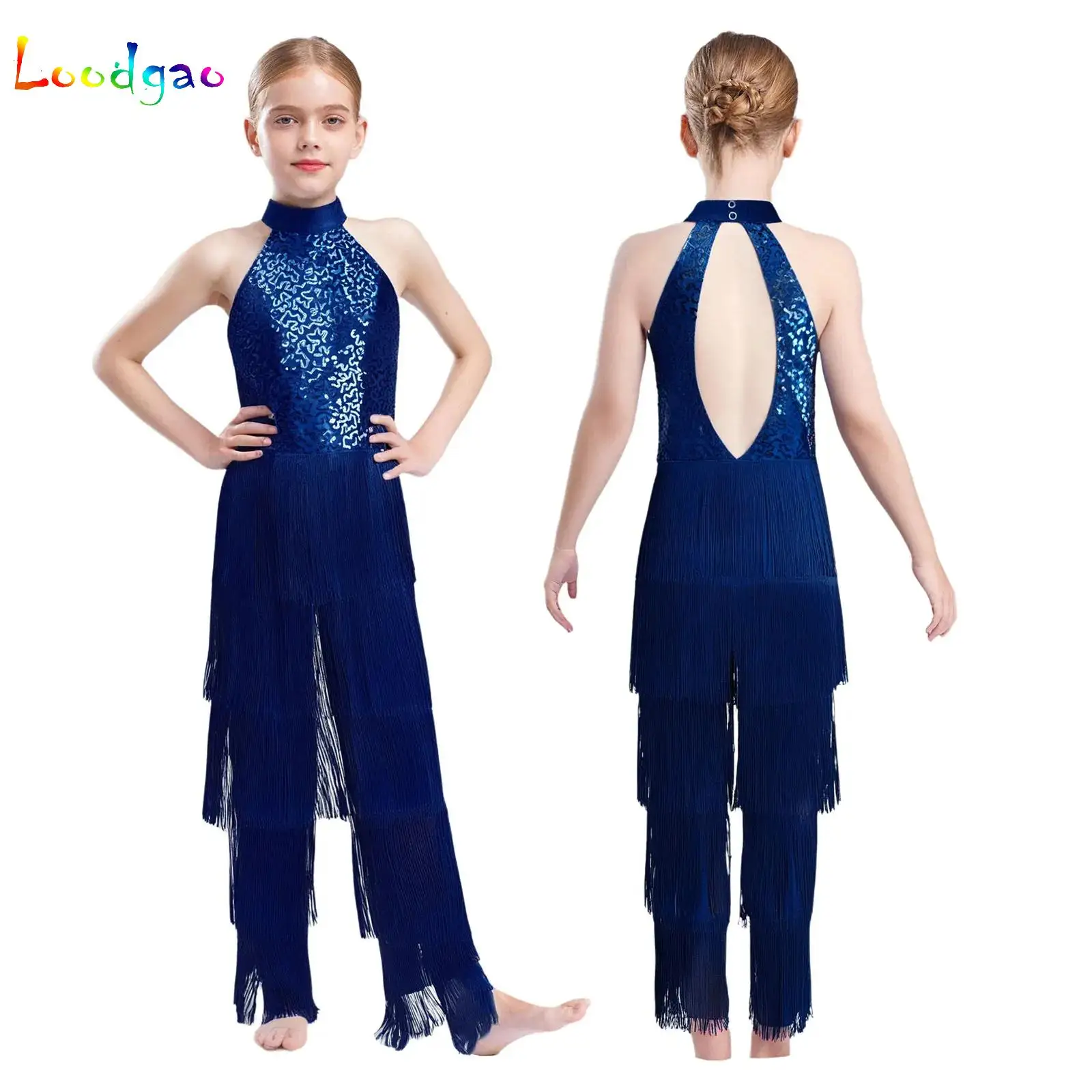 

Latin Dance Dresses For Kids Girls Ballroom Fringe Tassel Rompers Jumpsuit Sequin Fringe Cha-cha Salsa Samba Performance Costume