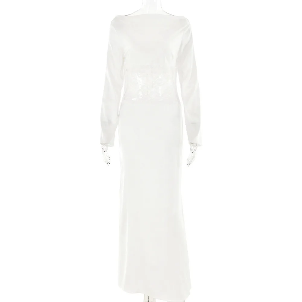 Estate New Faion Pure Color Lungo Sve Donna Dr Casual Vita alta Abito a trapezio Tessuto di pizzo Ele Lady Bal Dr