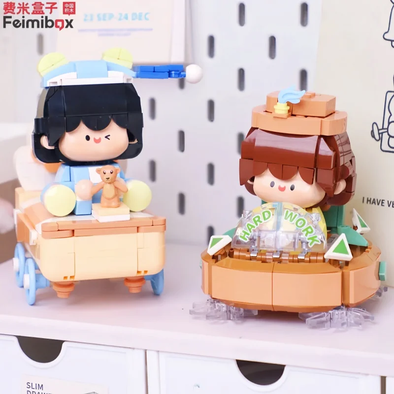 Feimibox montagem de veículos blocos de construção brinquedos bonitos ornamentos de mesa apresenta coleção quebra-cabeça pequena cena modelo tijolos