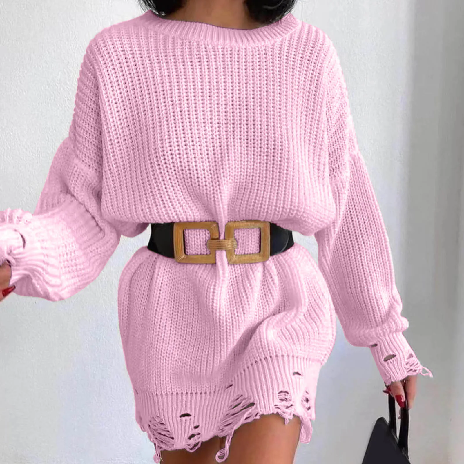 Women\'s Casual Crew Neck Long Sleeve Pullover Top Solid Color Hem Ripped Knit Sweater Fashion Office Lady Elegant Mini Dress