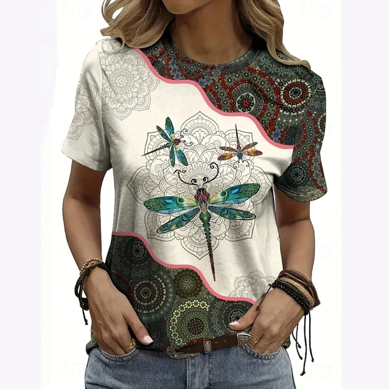 Boho Ethnic Style Women's T-shirt Dragonfly Print Short Sleeve Tee Summer Casual O-neck Loose Top Street Hip Hop Female Clothing
