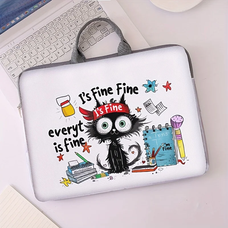 Set monopezzo, due stili, borsa per laptop e valigetta con motivo gatto nero, adatto per laptop da 14 pollici