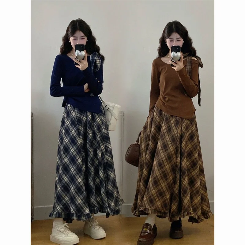 Autumn New Style Oblique Shoulder Classic Vintage Long Sleeved V-neck Plaid Fashion Half Skirt Two-piece Set Women's Clothing