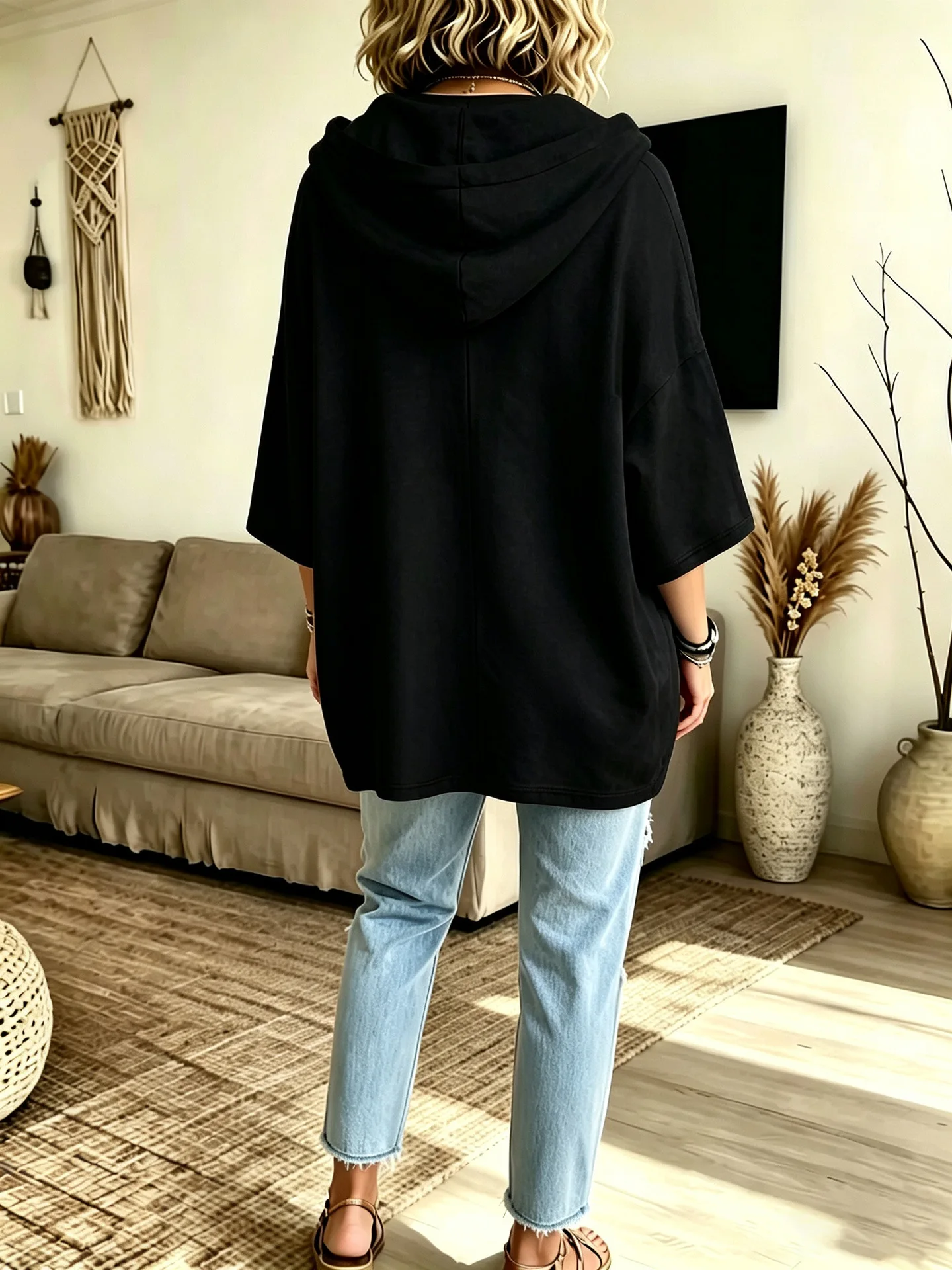 Einfarbiger Damen-Hoodie mit 3/4-Ärmeln, Lässiger Lockerer Pullover für Herbst und Winter – Detail 17