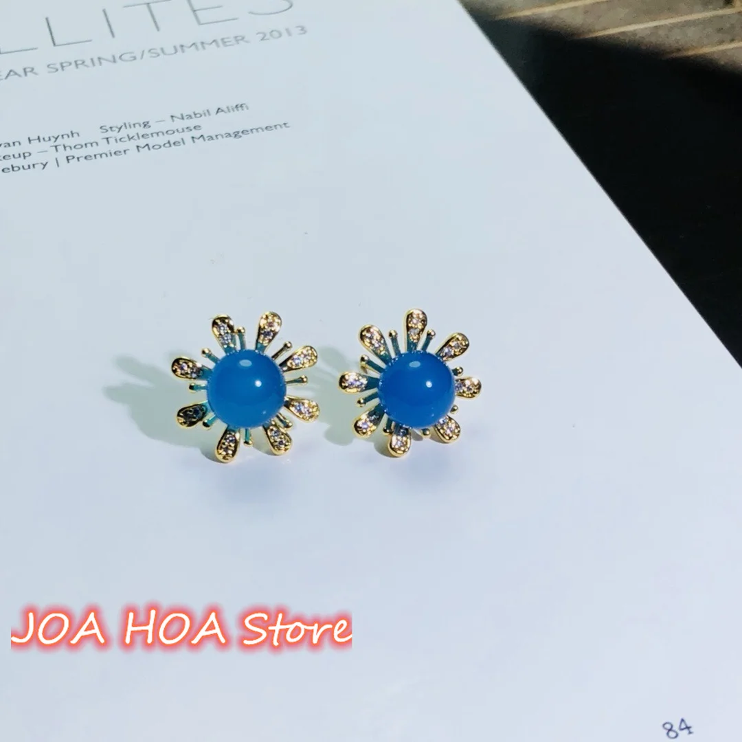 Sunflower Style High Quality Ear Studs 925 Silver With Gold Plated Inlay Natural Chalcedony Agate Jade Earrings Fine Jewelry