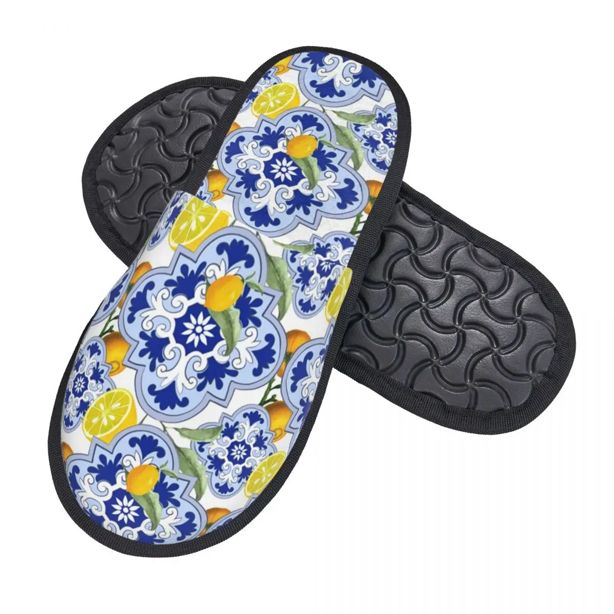 Custom Summer Citrus Lemons Fruit Sicilian Tiles Memory Foam Slippers Women Cozy Warm House Slippers