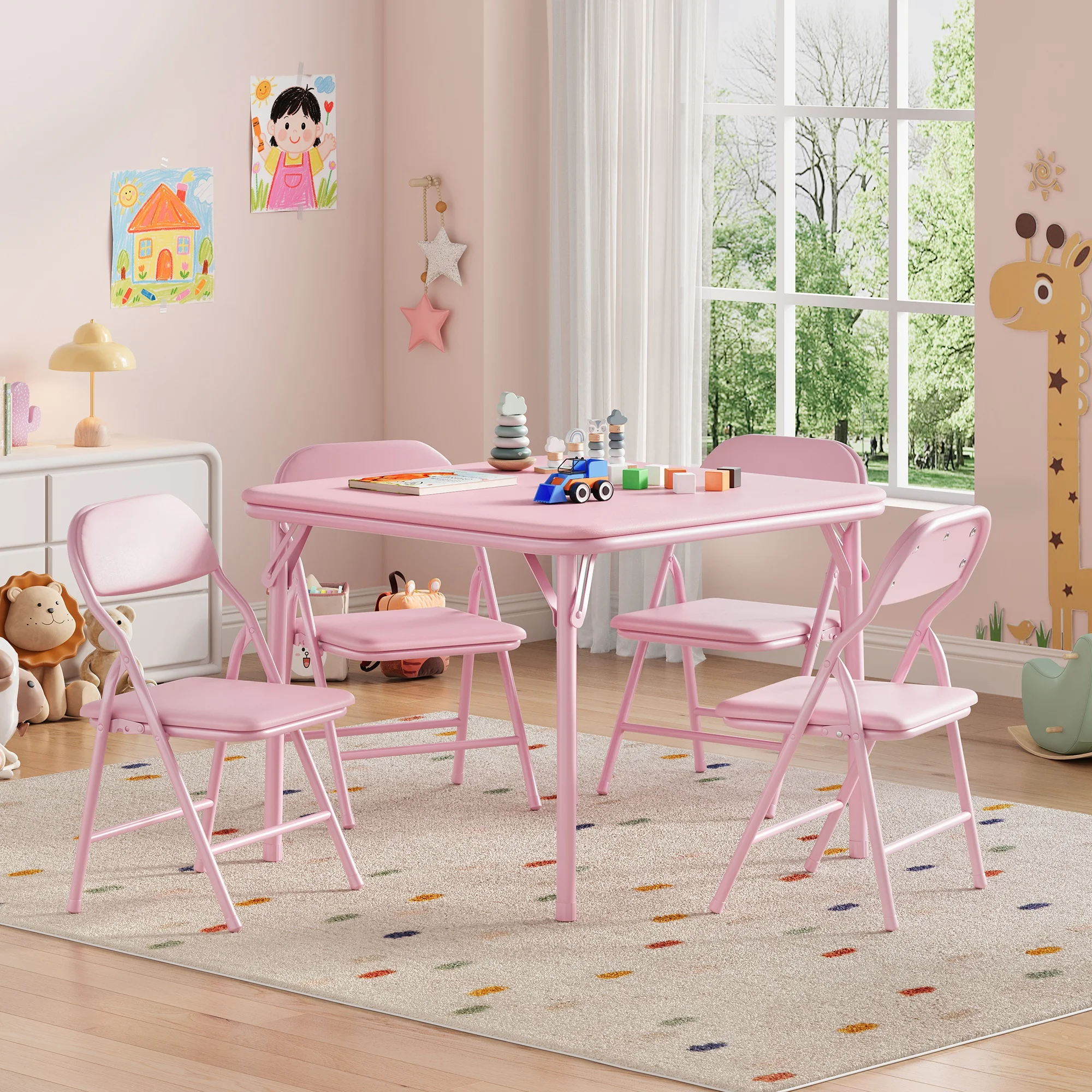 GarveeLife Collapsible Kids Table and Chairs Set, 3-Piece (1 Table + 2 Chairs) Toddler Activity Furniture - Lightweight Square Table - Space-Saving for Playroom, Bedroom or Nursery,Pink