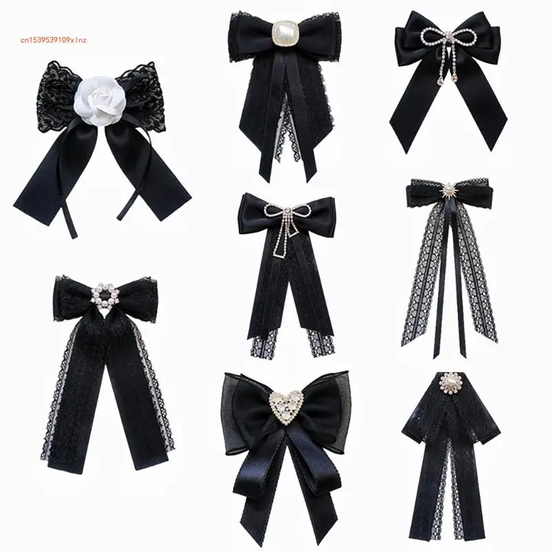 Crystal Pearls Ribbon Bows Tie Brooch Pin Preppy Uniform Student Bowknot Clip