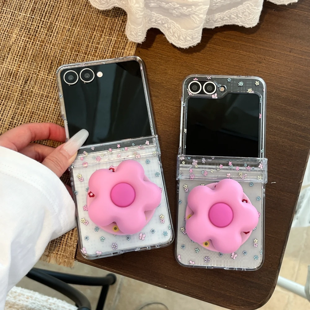 

Luxury Plaid 3D Flowers Stand Holder With Lanyard Magnetic Magsafe Phone Case For Samsung Z Flip 3 5 4 6 7 FE Shockproof Cover