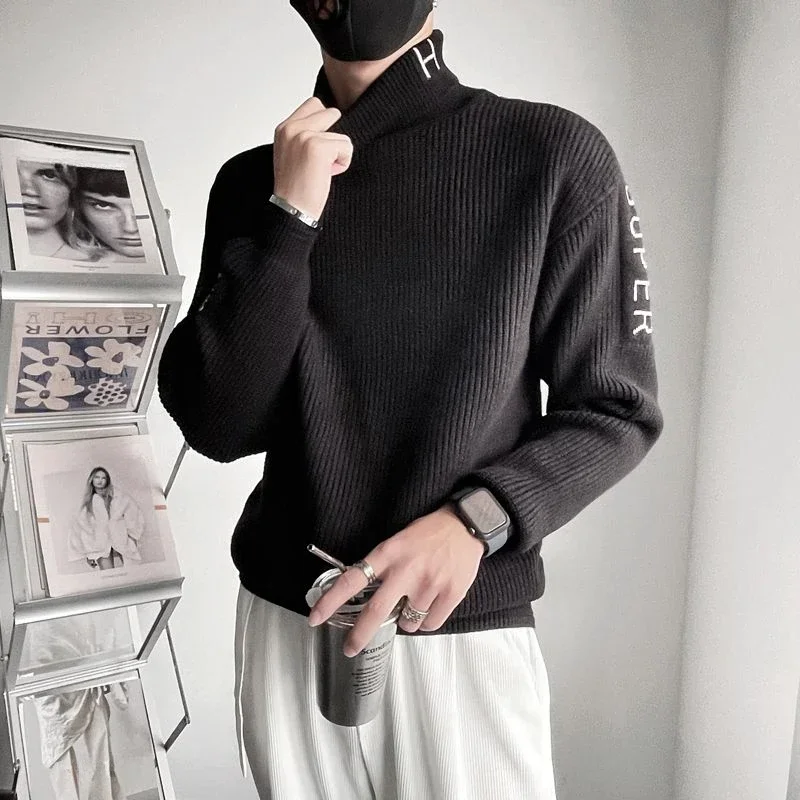 Knitted Sweaters for Men Turtleneck High Collar Black Man Clothes Pullovers Coat Jacket Letter Maletry New in Plus Size Casual S