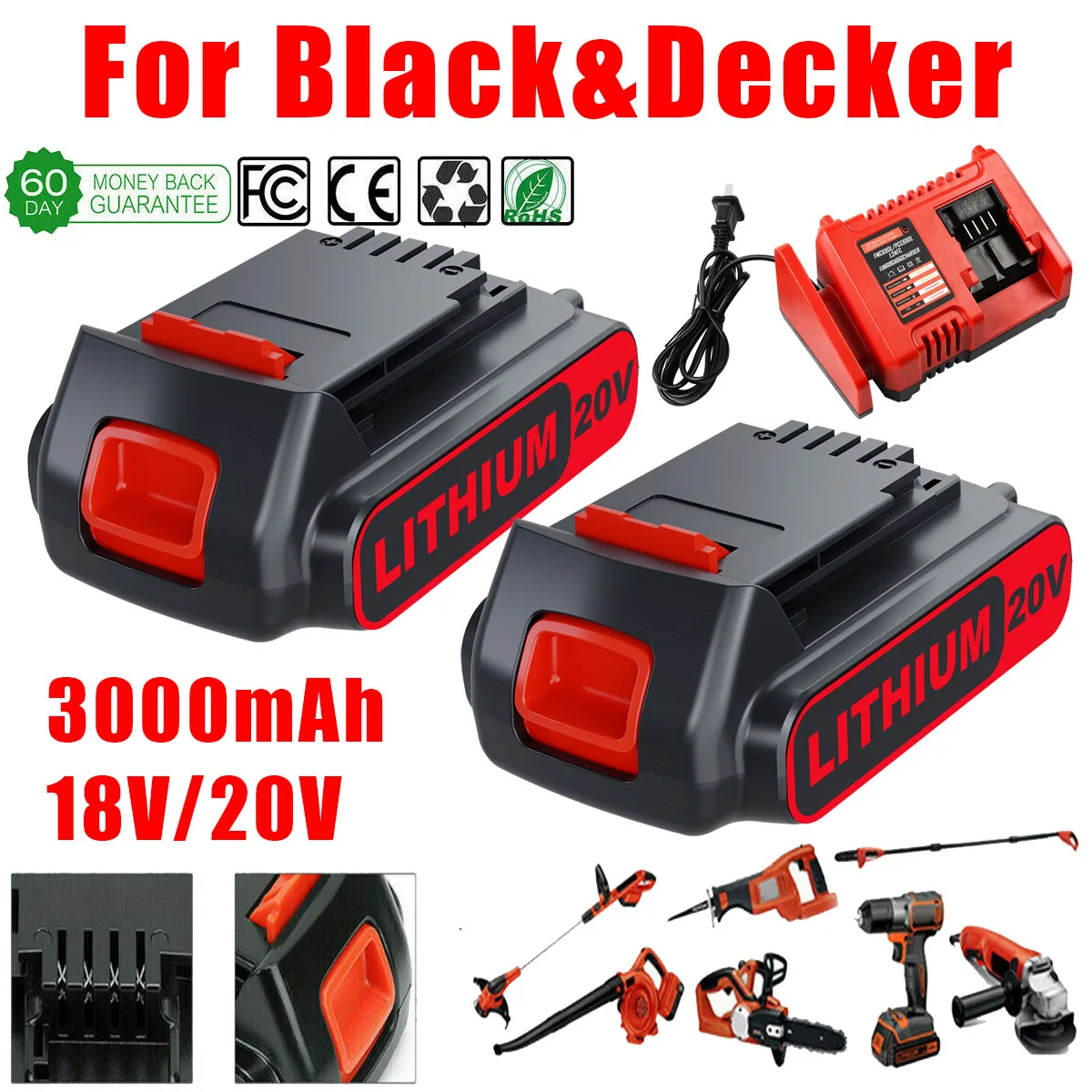 For Black Decker LBXR20 Lithium Battery 18/20V 3.0/6.0Ah LBXR20 LB20 LBX20 LBXR2020 LB2X4020-OPE Power Tools and Battery Charger