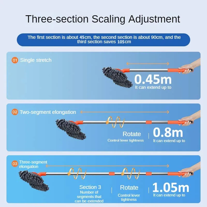 Esfregão telescópico de três seções para carro, Cabeça de escova dupla rotativa, Auto Wash Mop, Limpeza de janelas do telhado