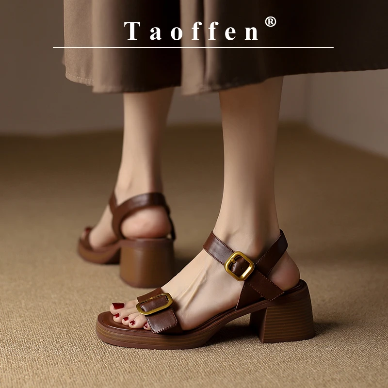 Brand Genuine Cow Leather Sandals Block Mid Heels Women Roma Sandals Square Toe Retro Buckle Sandals Ankle Strap 2023 Trend