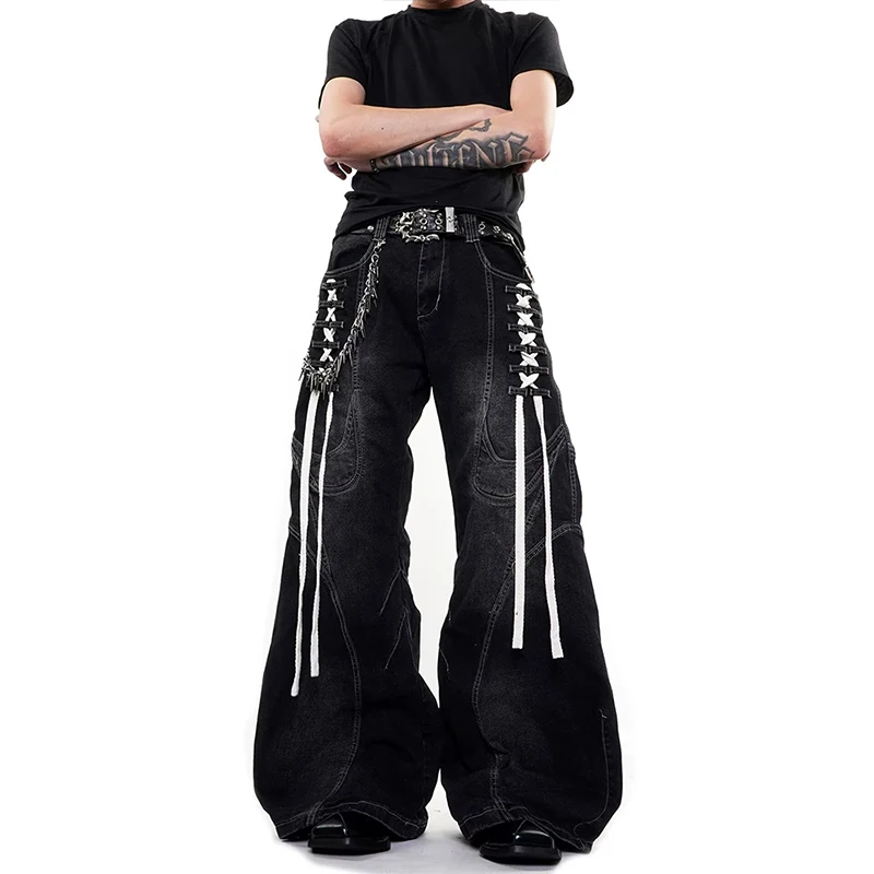 Man's Ribbon Ripped Hole Baggy Jeans Black Vintage Oversize Cargo Strap Design Pocket High Waist Y2k Fit Slimming Wide Leg Pant