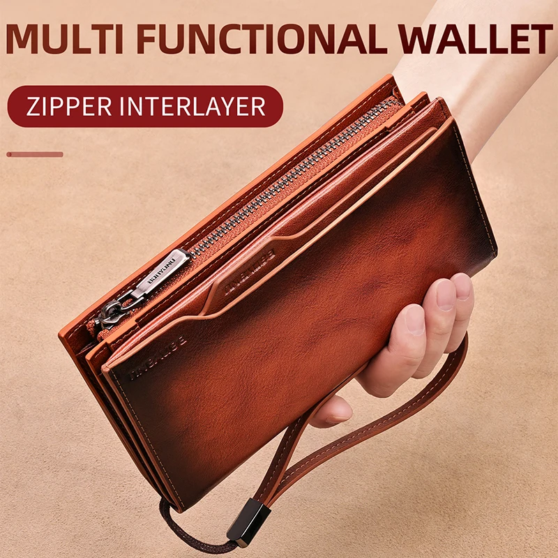 Vintage Men's Long Wallet Genuine Full Grain Leather Bifold Long Purse Credit Card Holder Cash Organizer For Daily Use
