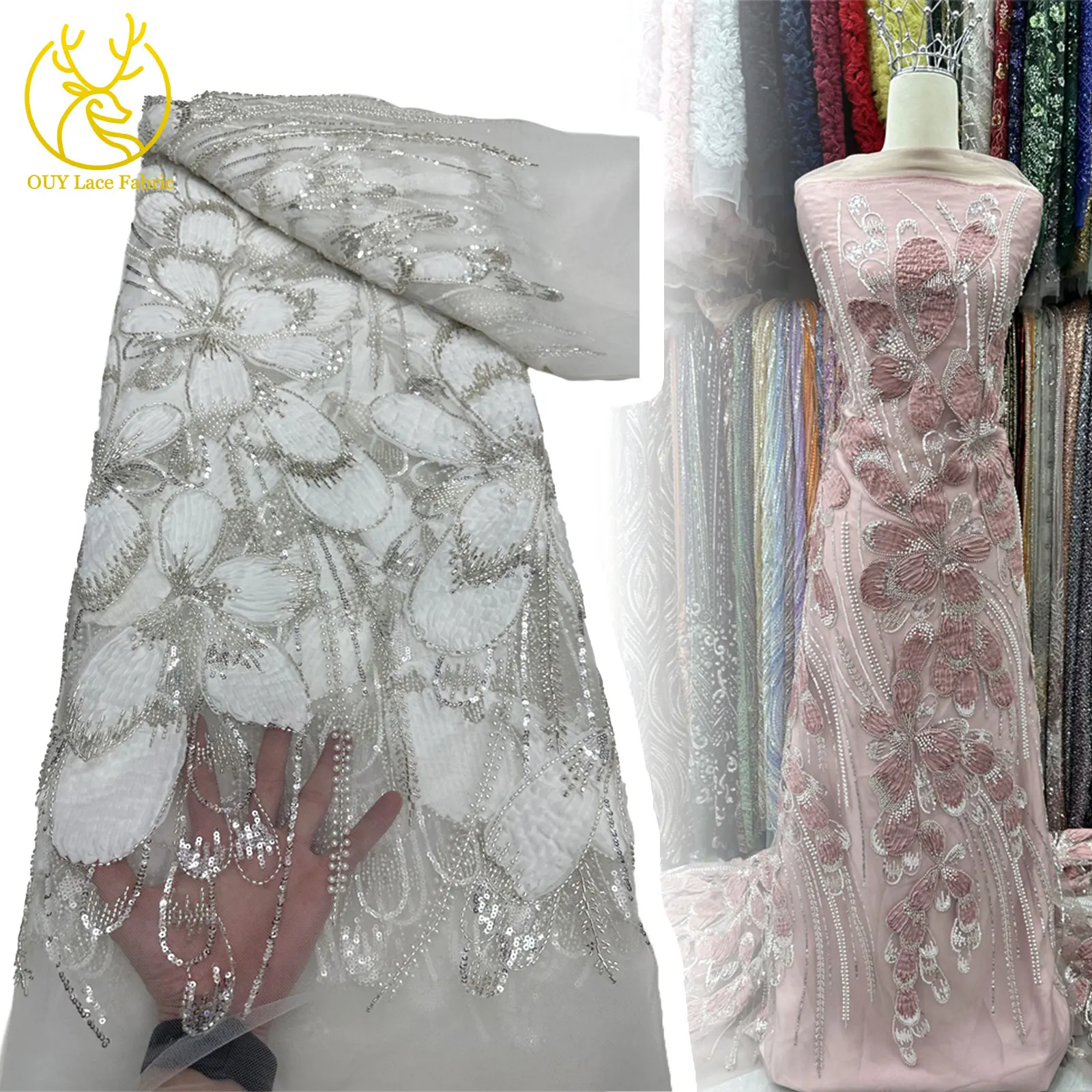 

Fashion African Beaded Lace Fabric 2025 High Quality Luxury Nigerian French Sequin Lace Fabric For Women Party Dresses Sewing