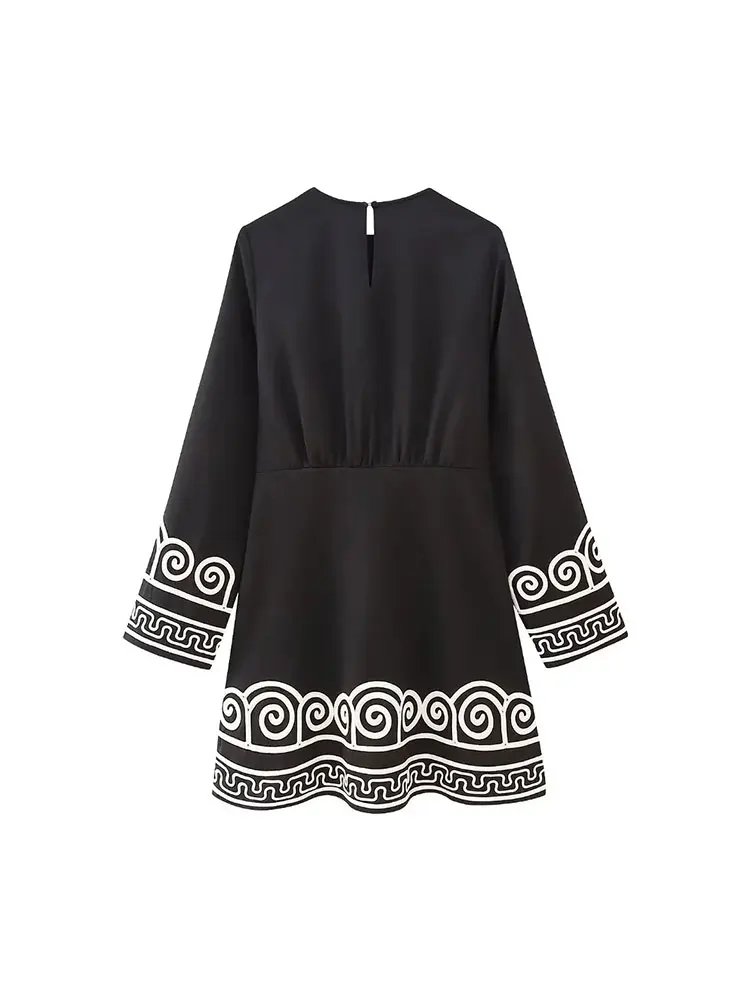 TRAF 2023 Autumn Embroidery Long Sleeve Spliced Dress Women Round Neck Bodycon  Dresses Casual Female Streetwear Vestido