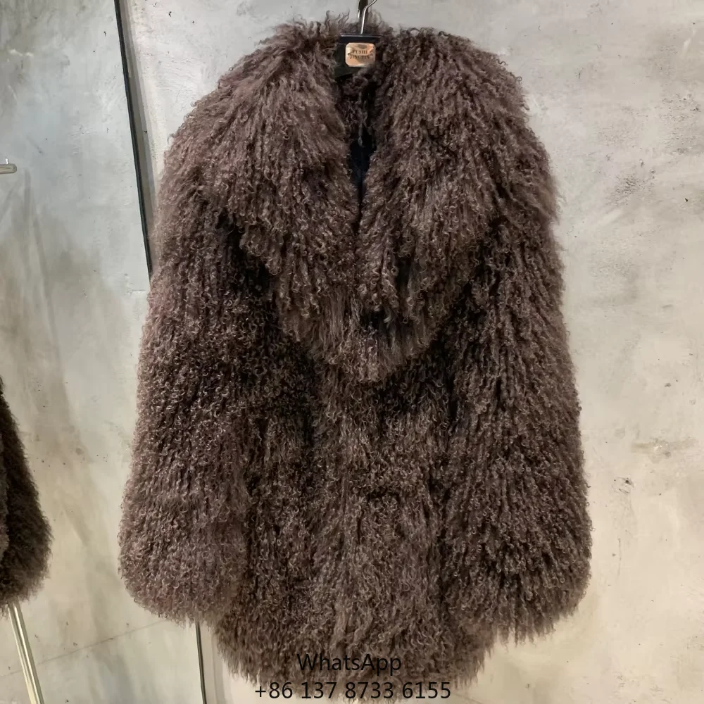 

Winter Warm Curly Fur Coats Women Mid-length Real Fur Coats Dark Brown Mongolian Sheep Fur Coat