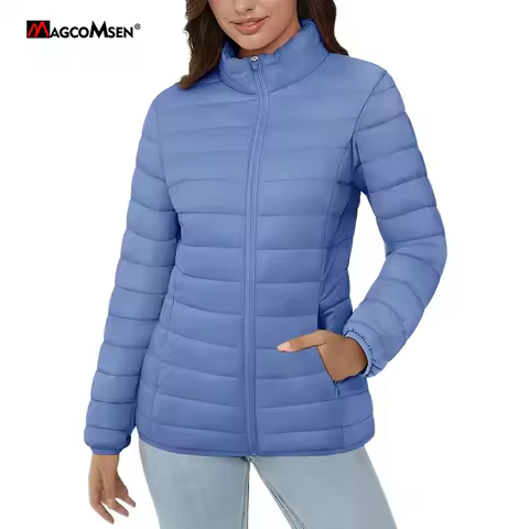MAGCOMSEN Puffer Jackets Women's Lightweight Quilted Padded 3 Pockets Zip-up Stand-collar Winter Alternative Down Coats