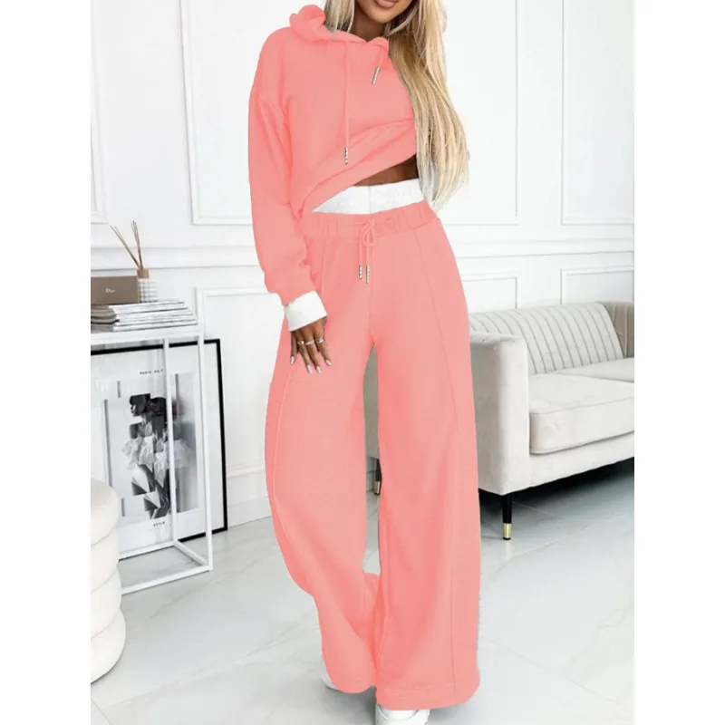 Women Sexy Long Sleeve Hooded Pullover Sweatshirt Top Drawstring High Waist Pocket Pants Suit Spring Autumn New Solid Loose Suit