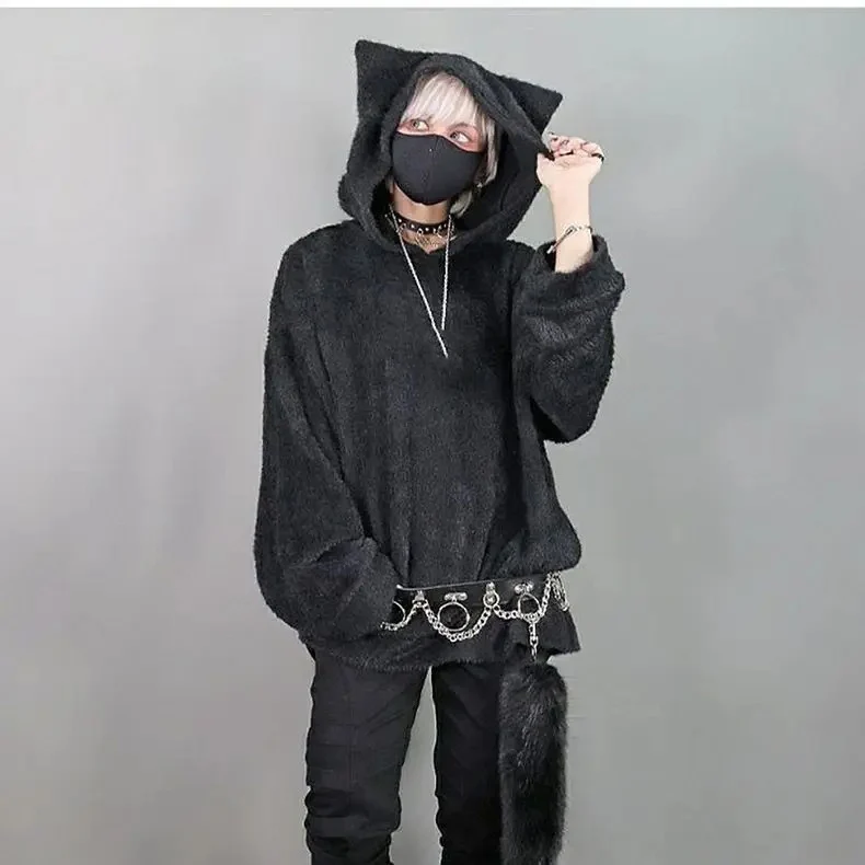 الشارع الشهير هوديس Harajuku Y2k بلايز الملابس النسائية آذان القط قمصان سويت شيرت بقلنسوة موضة عادية فضفاض هوديي 2025 Ropa Mujer