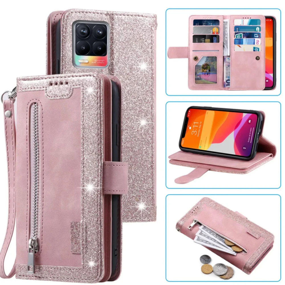 9 Cards Wallet Case for Realme 8 4G Case Card Slot Zipper Flip Folio with Wrist Strap Carnival for Realme 8 Pro Cover