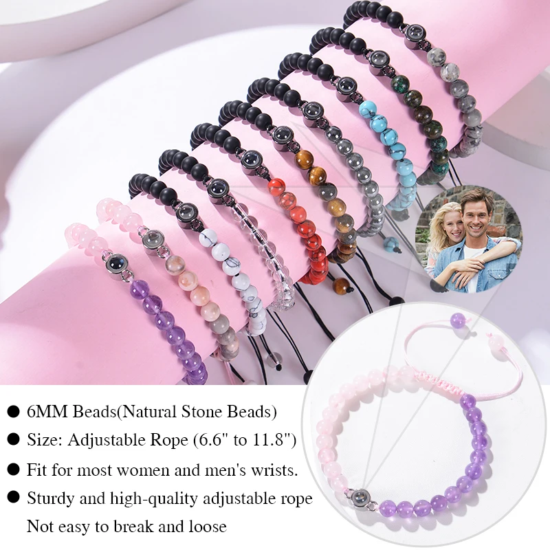 Custom Bracelet with Picture inside Personalized Photo Projection Bracelet Amethyst Agate Beads Stone Bracelet Picture Bracelet