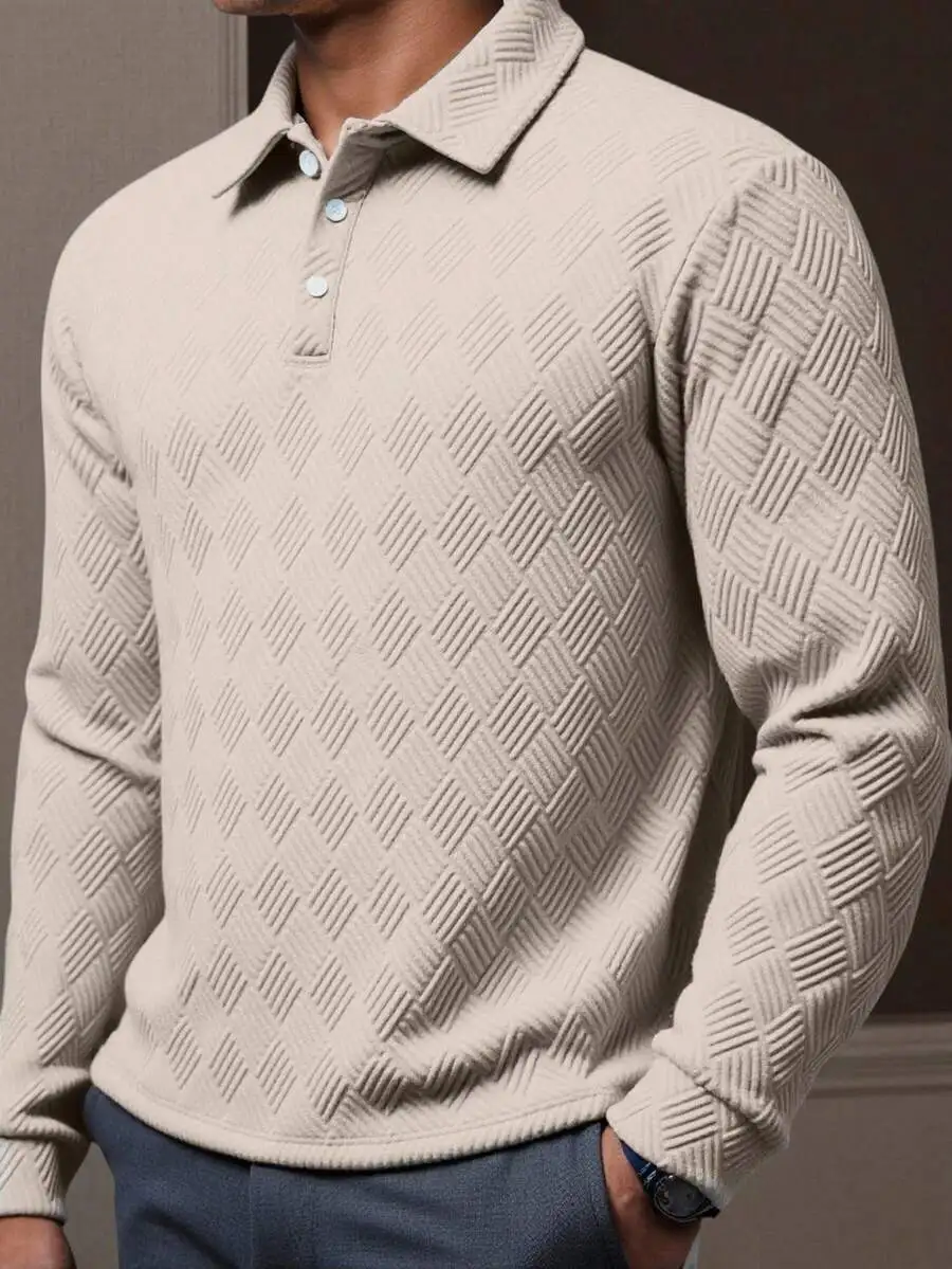 

Men's Beige Textured Diamond Knit Long Sleeve Polo Shirt Casual