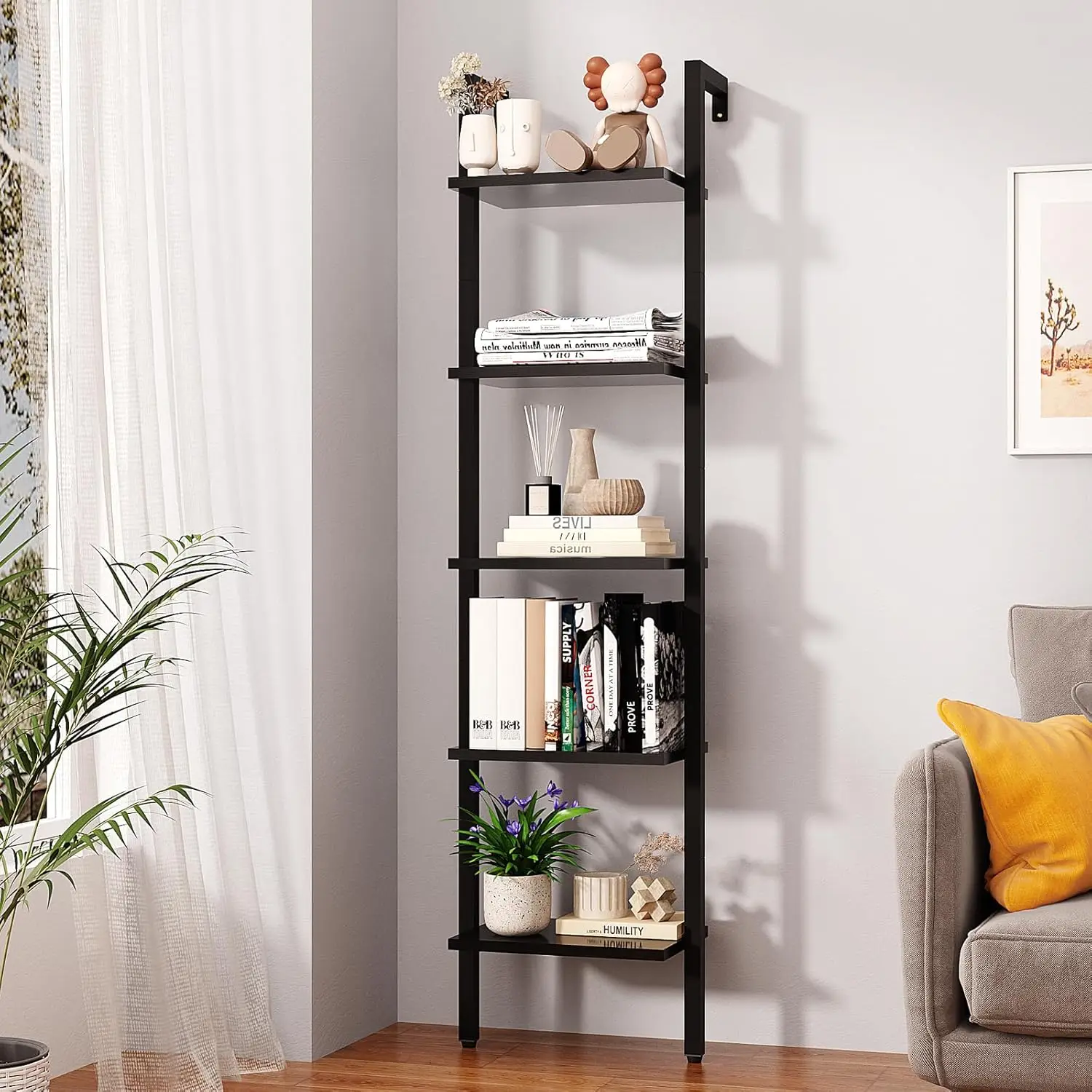 

5-Tier Narrow Bookcase, Industrial Wall-Mounted Storage Shelf with Metal Frame, Open Wood Display Rack for Bedroom or Living