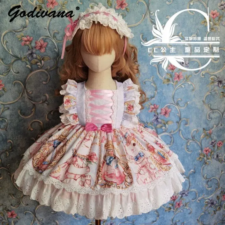 Original High End Pure Cotton Soft Cartoon Rabbit Print Lolita Princess Dress Kids Spanish Lace Trim Birthday Party Tutu Dress