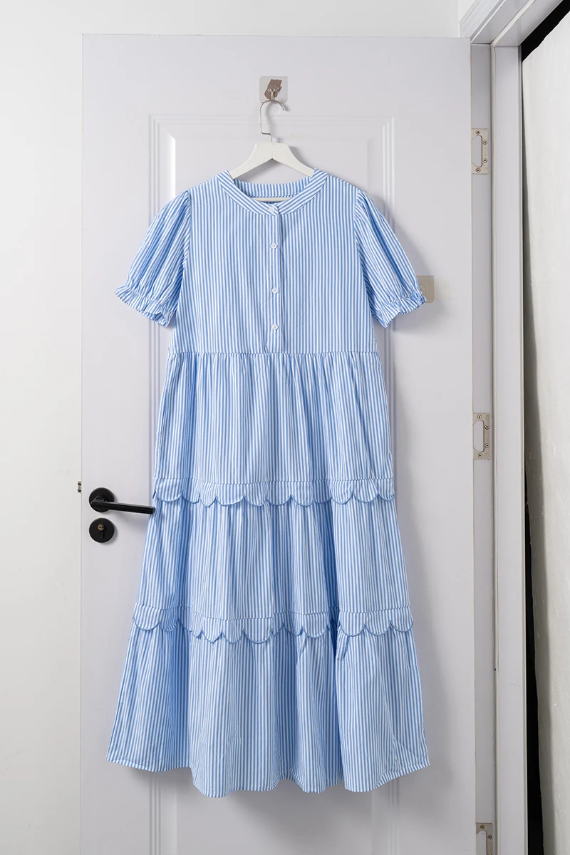 Verão nova camisa listrada vestido feminino 2025 o-pescoço mangas puff casual solto babados em camadas midi vestidos femininos