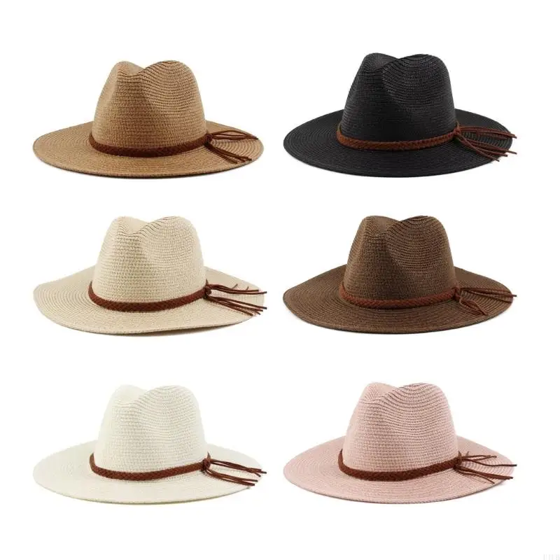 F1CB Western Straw Hat Handwoven Breathable Sun Hat British Hat Elegant Braided Belt Straw Hat Panama Hat