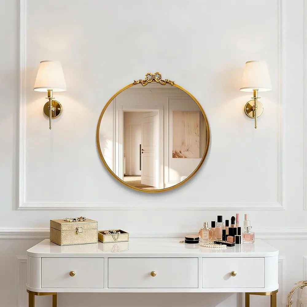 Antikgoldener runder Spiegel für Badezimmer-Waschtisch, dekorativer runder Wandspiegel mit verziertem Metall, geeignet für die Inneneinrichtung im Kleid