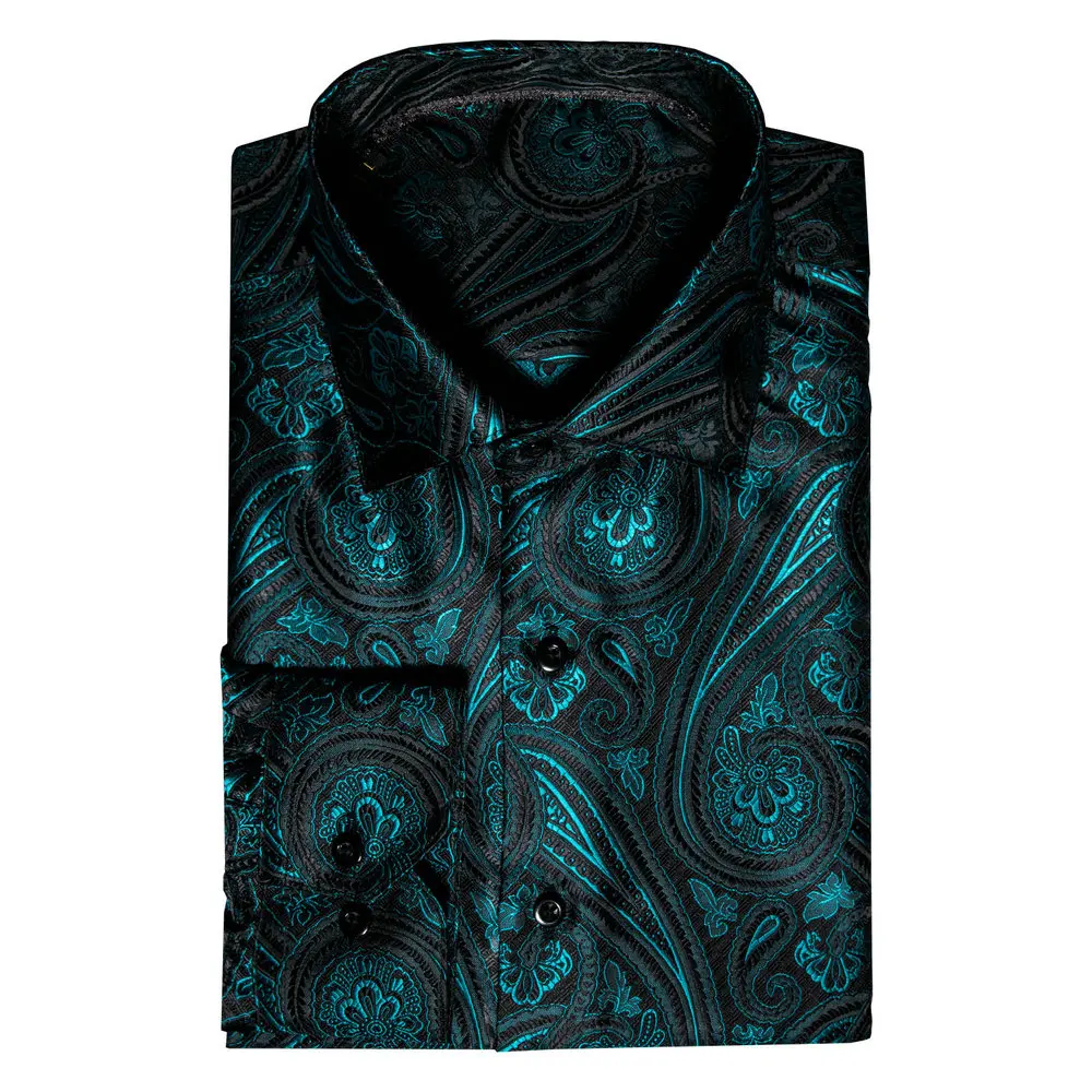 Barry.Wang Teal Paisley Floral Silk Shirts Men Autumn Long Sleeve Casual  Flower Shirts For Men Designer Fit Dress Shirt BCY-05