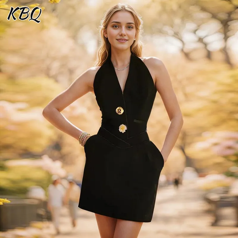 

KBQ Solid Slimming Dress For Women Halter V Neck Sleeveless High Waist Backless Patchwork Button Designer Dress Female Fashion