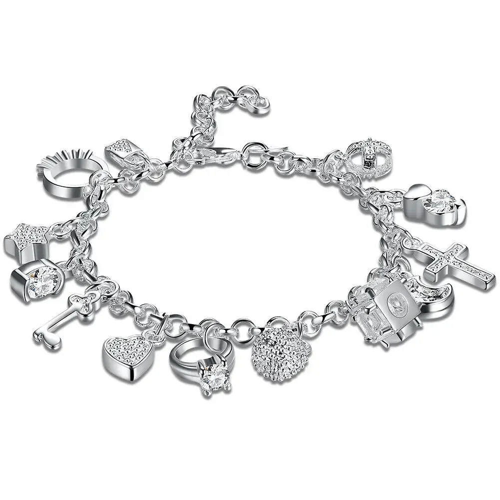 8 Inch 925 Sterling Silver Cross Ring Heart Lock Key Ladies Charm Bracelet Chain