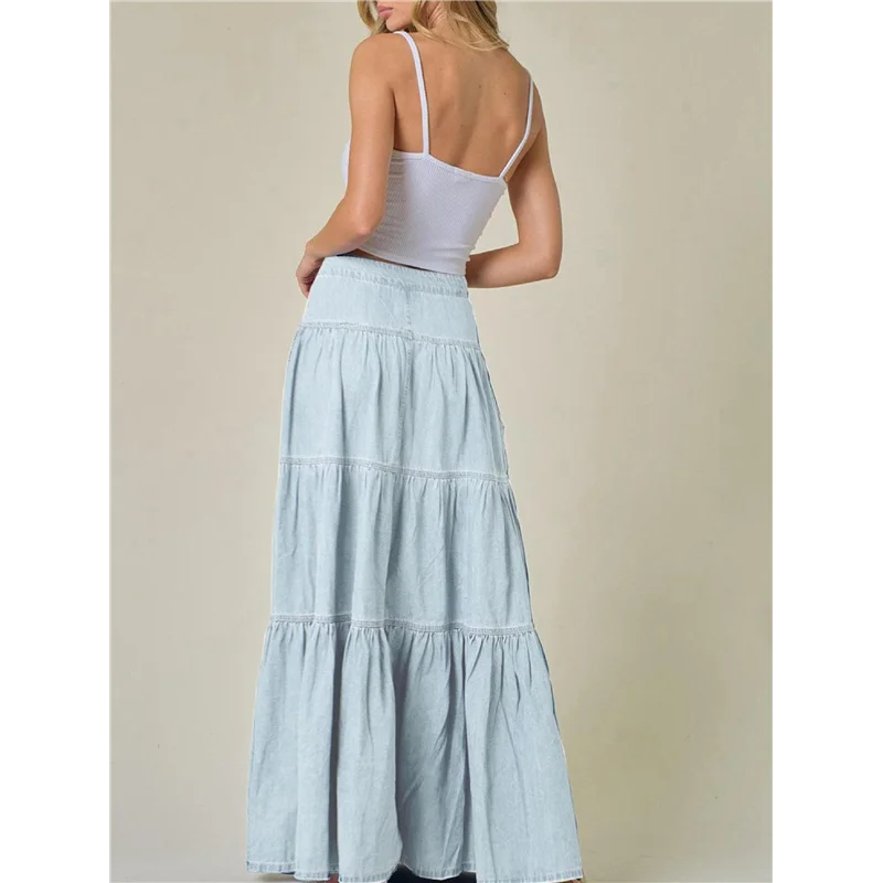 

【Party-Decoration】Women's Long Jean Denim Tiered Button Down High Waisted Maxi Skirts