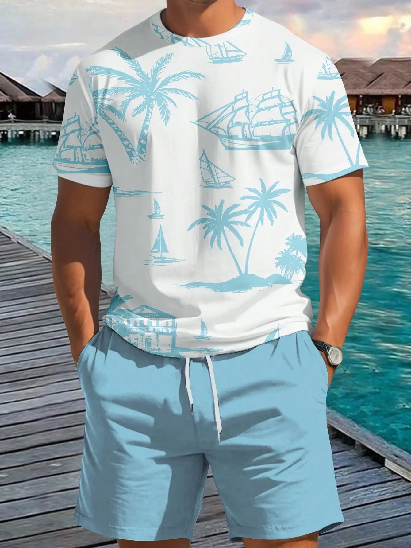 Conjunto de camiseta de manga corta y pantalones cortos con cinturón para hombre, camiseta informal, cuello redondo, estampado de palmera, vacaciones, moda Simple