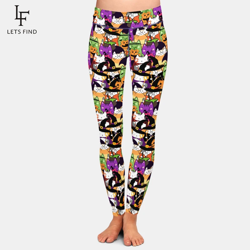 LETSFIND pantaloni completi elasticizzati Fitness da donna a vita alta moda 3D Halloween Cute Cat stampa digitale Leggings Casual in seta di latte