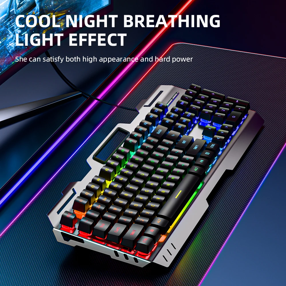 EWEADN GX80Z Gaming Membrane Keyboard, 104Keys Wired All-Metal Panel Silent with LED Backlit, Esports, Home Use, School, Laptop