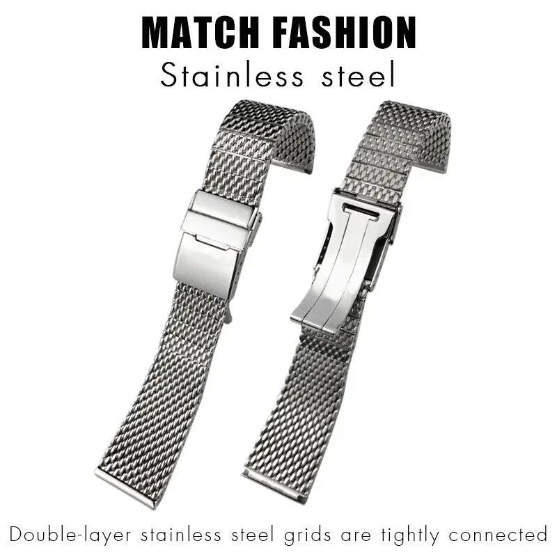 HAODEE 316L Woven Stainless Steel 22mm 24mm Watchband For Breitling Silver Watch Strap Folding Buckle Wristband