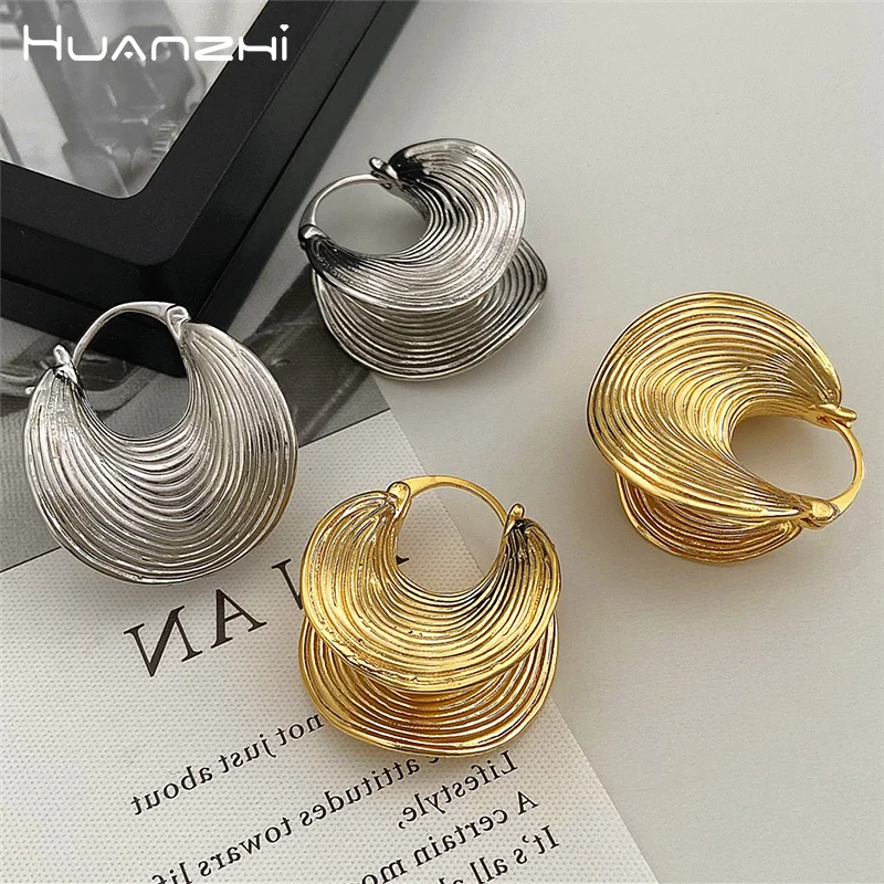 HUANZHI Vintage Metal Brass Gold Plated Irregular Striped Large Ear Buckle Earrings for Women Girls Exaggerated Jewelry Gifts