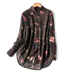 Blusa de chiffon vintage feminina, estampas de primavera e verão, mangas compridas soltas, tops femininos, roupas da moda, coreano, 2024