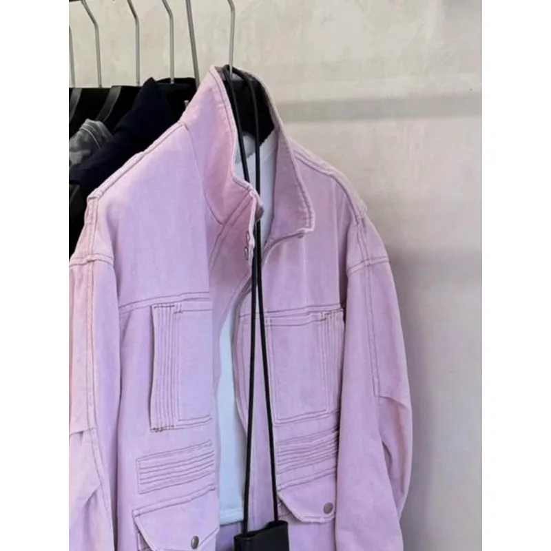 Spring New Korean Casual Loose Purple Denim Jacket Jean Pockets Stand Collar Buttons Casual Punk Women Autumn Coat