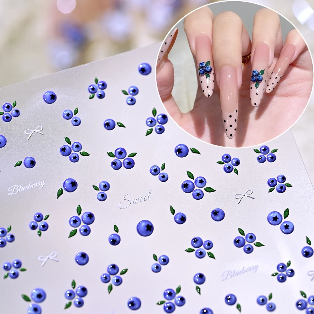 1pcs 5D Simulated Fruit Nail Stickers Kawaii Fresh Blueberry Cherry Bow Design Nail Art Charms DIY Spring Summer Manicure Decor