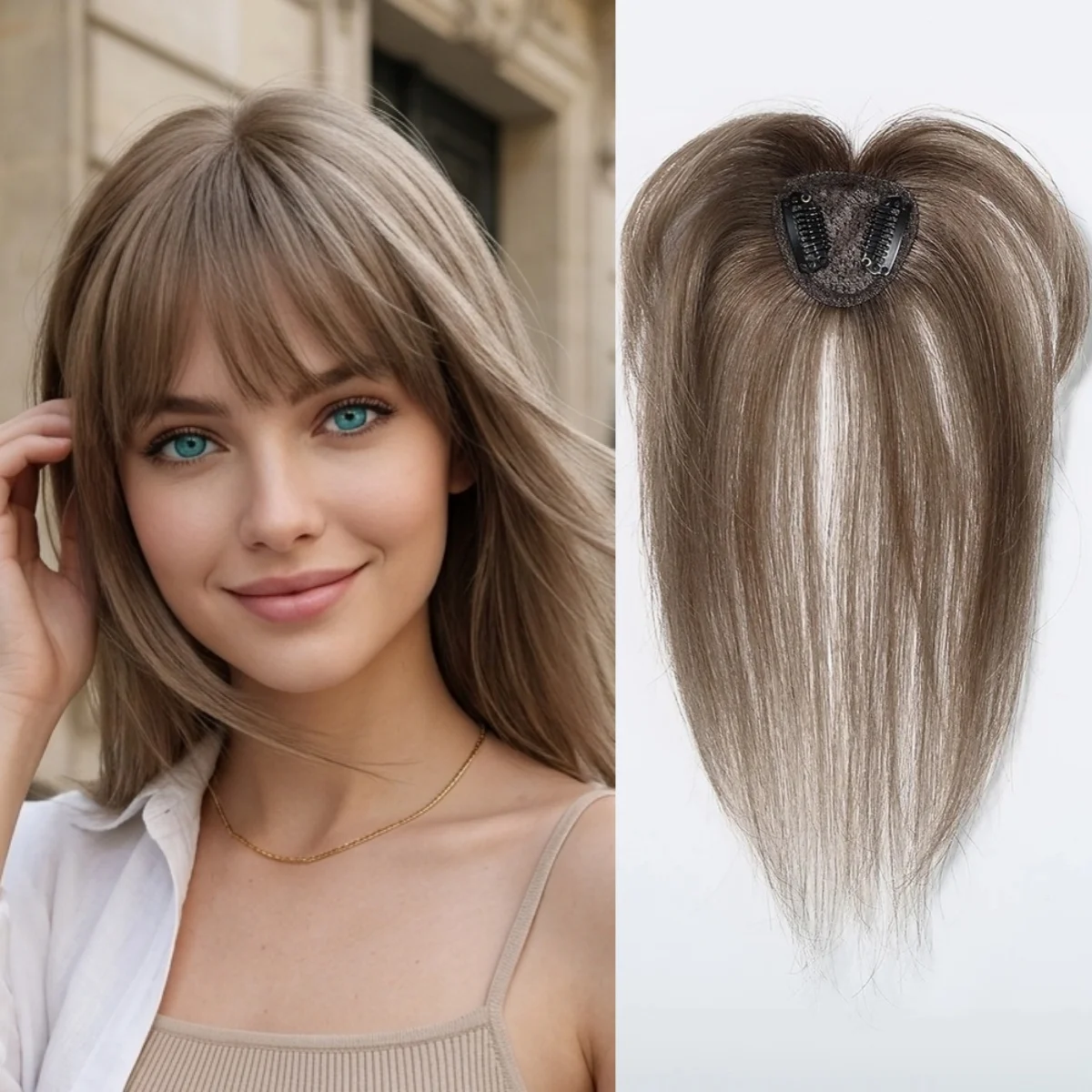 10 Inch Heart Shaped Base Human Hair Topper for Women with Bangs Ash Blonde Straight Hairpiece for Thinning Hair Clip in Toppers