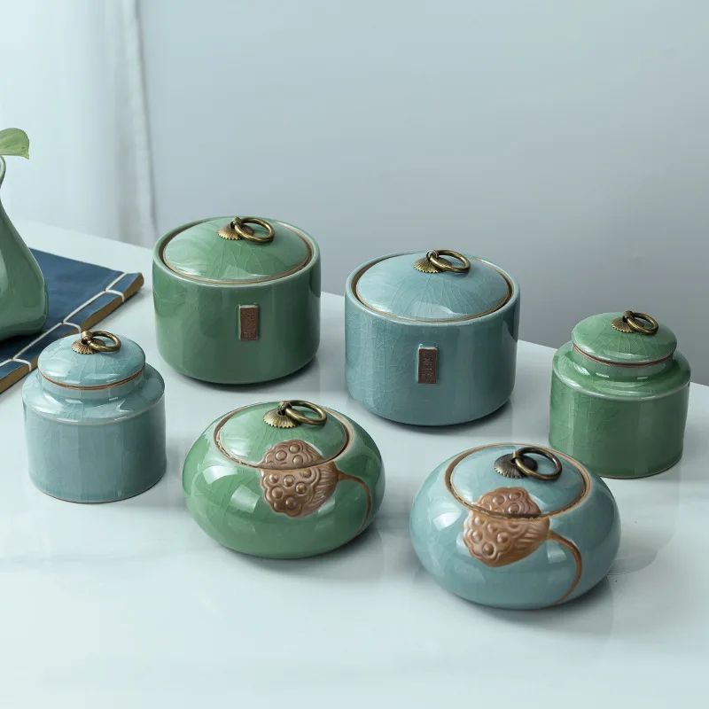 Tea Tea Bag Storage Box Geyao Tea Pot Ceramic Seal Pot Sugar Pot Moisture-proof Pot Tea Pot Living Room Coffee Table Decoration