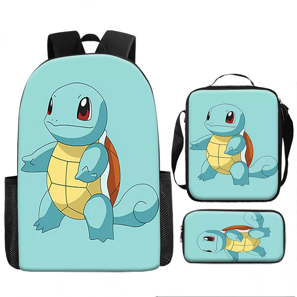 Kindertasche, Pokémon, Squirtle, 3-teiliges Rucksack-Set, Anime-Squirtle-Grafikdruck, atmungsaktiv, leicht, Schultasche für Jungen und Mädchen